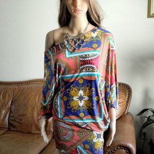 HAK Asymmetrical Stretch Mini Dress Tunic Top  Blue / Orange Size S